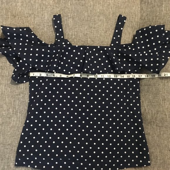 Top J.Crew Femme Taille 00 – Navy à Pois Blancs, Col Volanté – Occasion Très Bon état